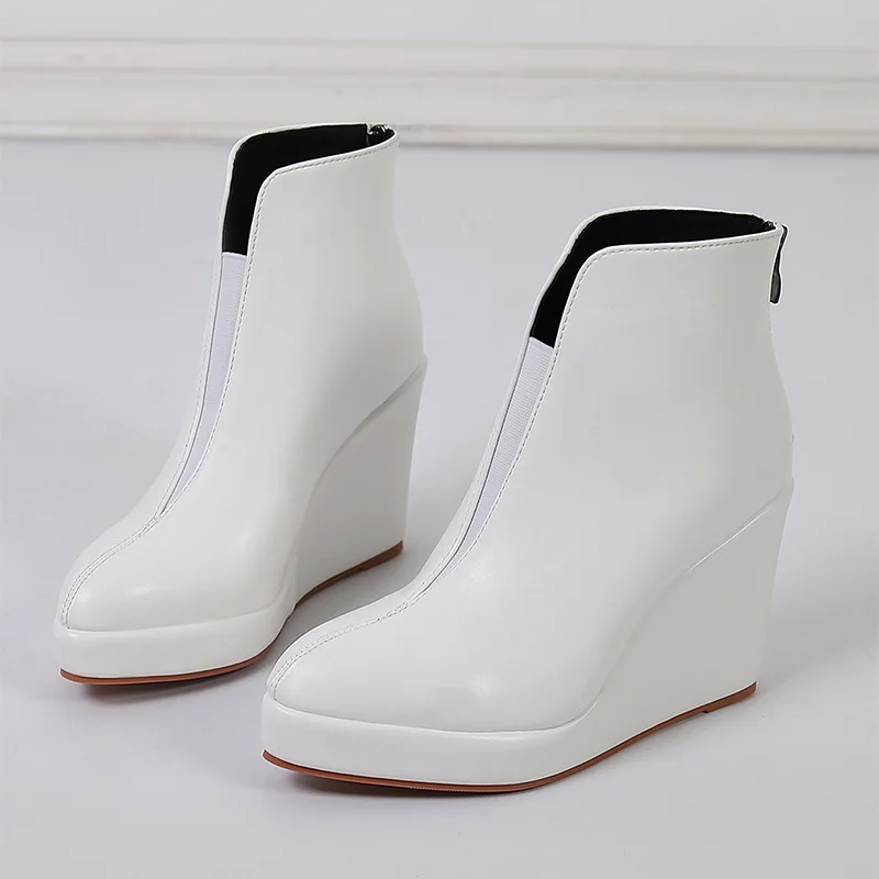 New Autumn Early Winter Shoes Women Ankle Boots Platform Fashion Ladies Wedge Heels 10cm Pure Black White Big Size 42 - Image 9