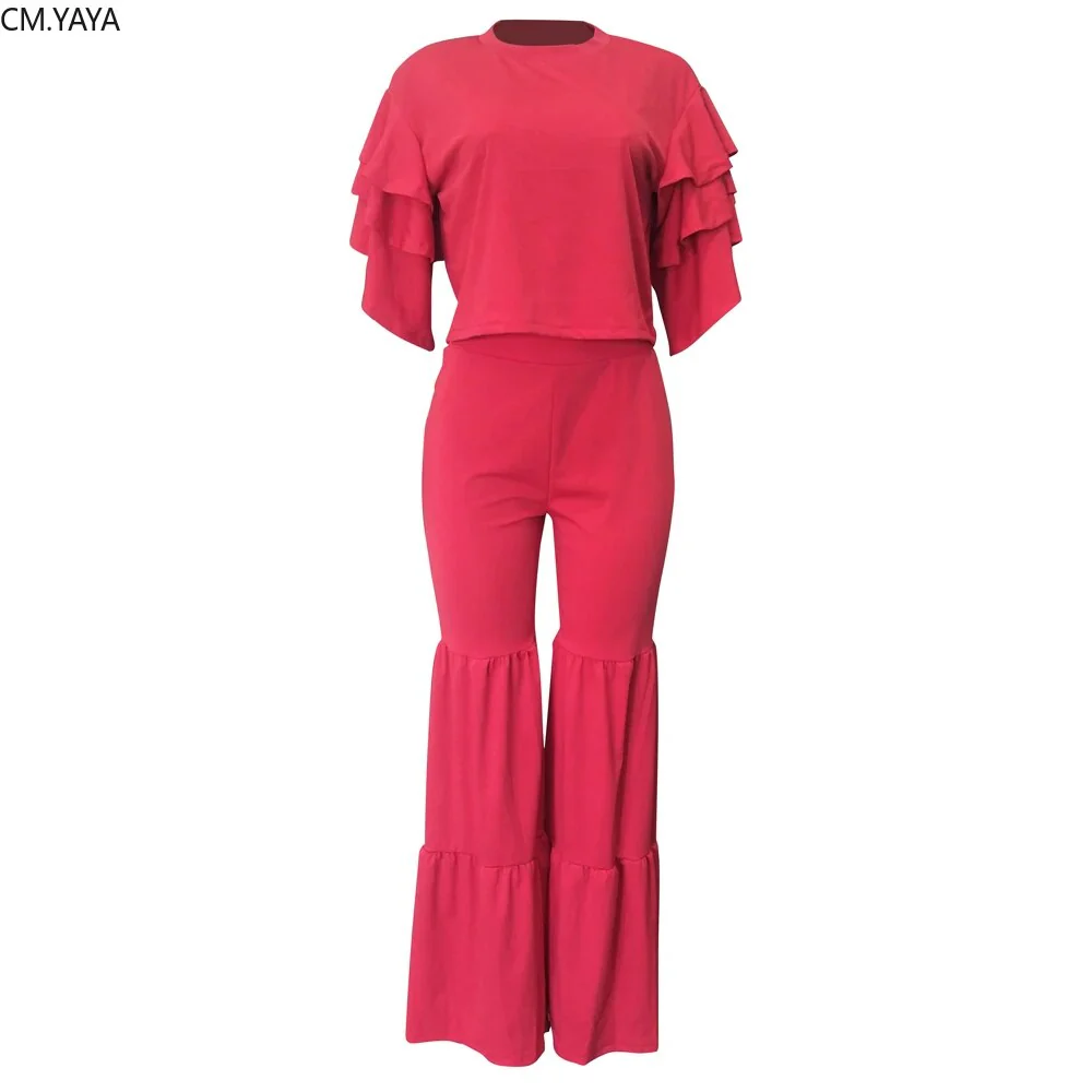 New Autumn Winter Women set Tracksuit O Neck Petal Sleeve Top Flare Pants Suit Two Piece Set Solid Night Club Outfits LS6326 - Image 2