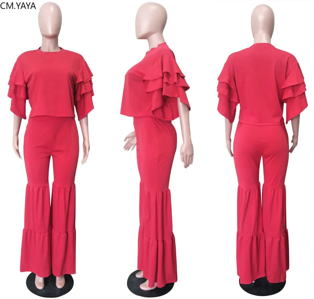 New Autumn Winter Women set Tracksuit O Neck Petal Sleeve Top Flare Pants Suit Two Piece Set Solid Night Club Outfits LS6326 - Image 5