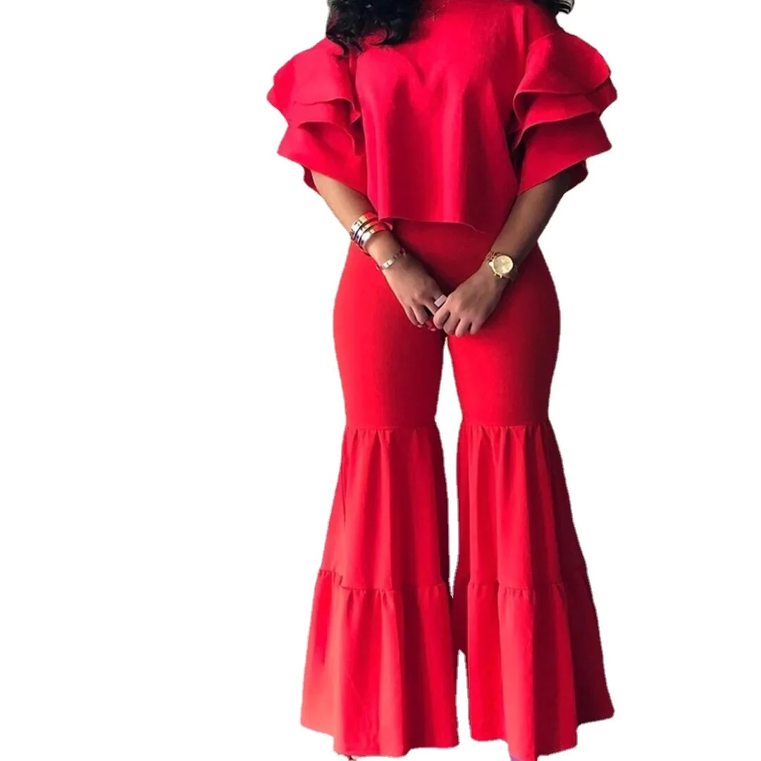 New Autumn Winter Women set Tracksuit O Neck Petal Sleeve Top Flare Pants Suit Two Piece Set Solid Night Club Outfits LS6326 - Image 6