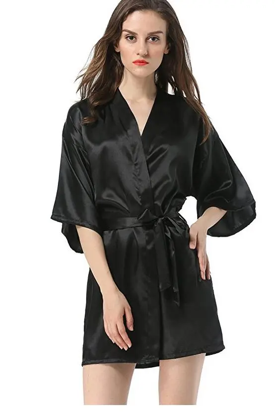 New Black Chinese Women's Faux Silk Robe Bath Gown Hot Sale Kimono Yukata Bathrobe Solid Color Sleepwear S M L XL XXL NB032 - Image 7