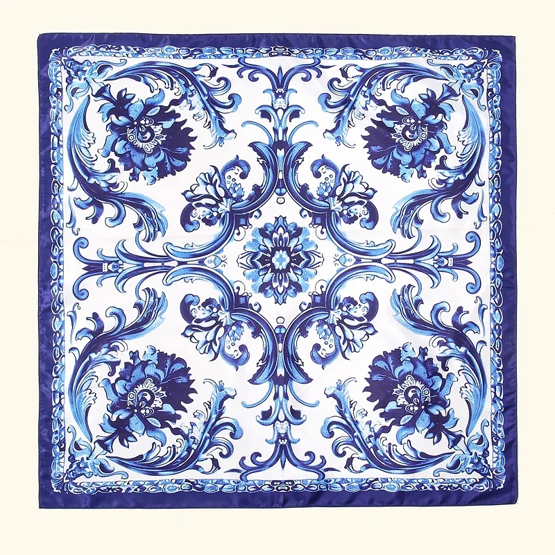New Blue And White Porcelain Satin Silk Square Scarf Hijab Printed Muslim Women Headscarf Ladies 2024 Headband Scarf 90*90cm - Image 3