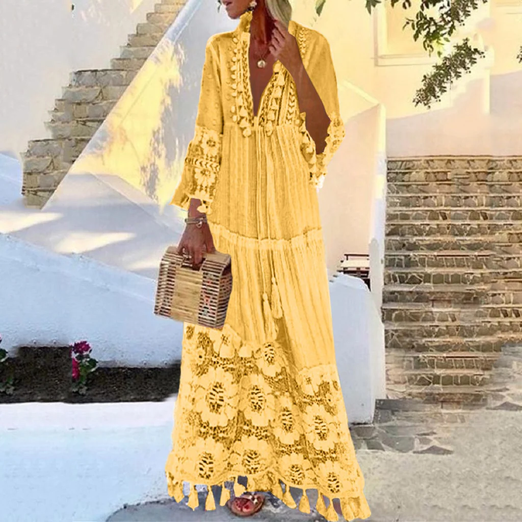 New Bohemian Women Lace Tassel Dress 2023 Summer Sexy V Neck Solid Short Sleeve Maxi Long Beach Party Dresses Oversized Vestidos - Image 10
