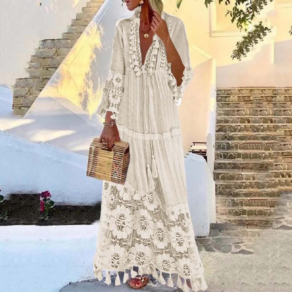 New Bohemian Women Lace Tassel Dress 2023 Summer Sexy V Neck Solid Short Sleeve Maxi Long Beach Party Dresses Oversized Vestidos - Image 4