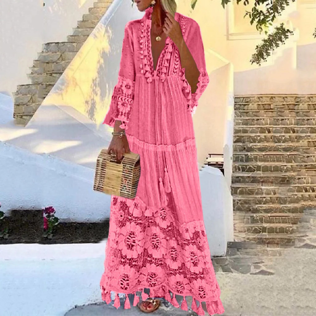New Bohemian Women Lace Tassel Dress 2023 Summer Sexy V Neck Solid Short Sleeve Maxi Long Beach Party Dresses Oversized Vestidos - Image 5