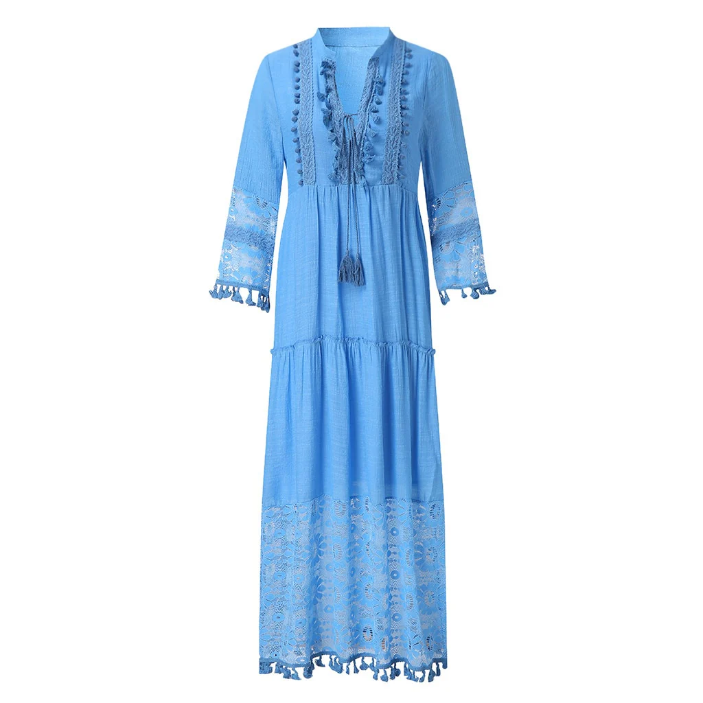 New Bohemian Women Lace Tassel Dress 2023 Summer Sexy V Neck Solid Short Sleeve Maxi Long Beach Party Dresses Oversized Vestidos - Image 7