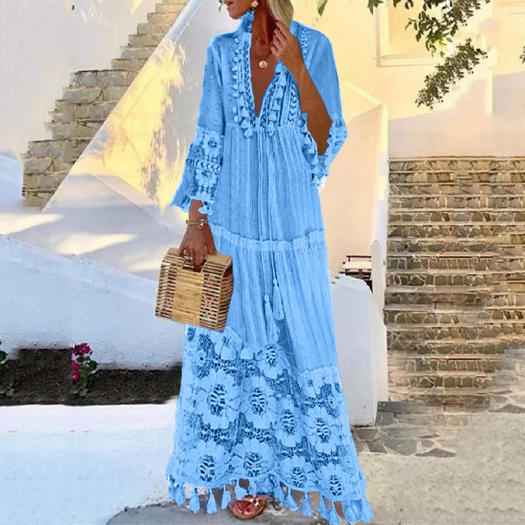 New Bohemian Women Lace Tassel Dress 2023 Summer Sexy V Neck Solid Short Sleeve Maxi Long Beach Party Dresses Oversized Vestidos - Image 8