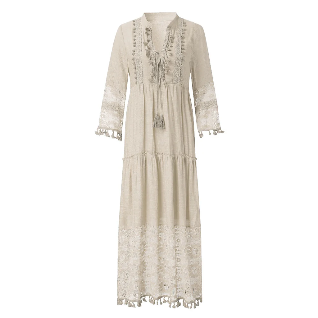 New Bohemian Women Lace Tassel Dress 2023 Summer Sexy V Neck Solid Short Sleeve Maxi Long Beach Party Dresses Oversized Vestidos - Image 9