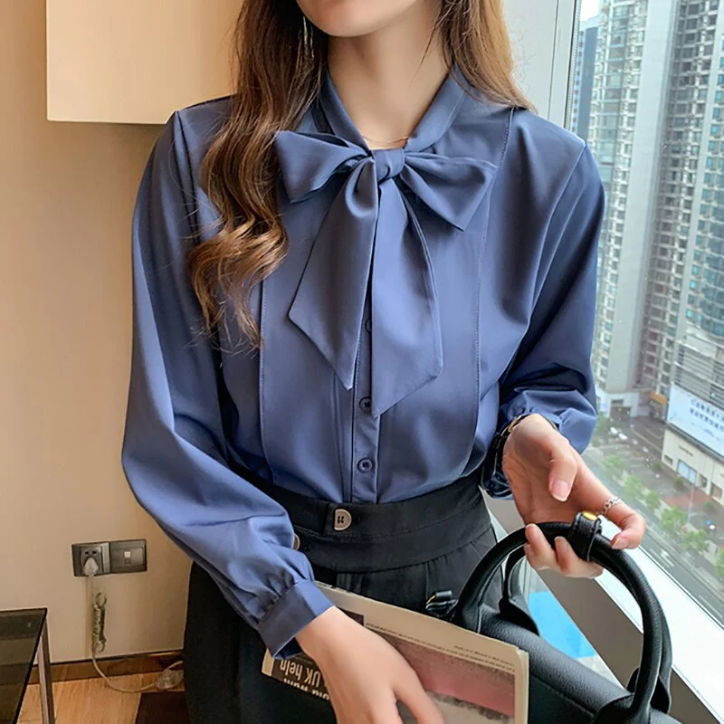 New Bow White Blouse Women 2022 Button Office Lady Long Sleeve Blue Chiffon Shirt Autumn Tops Woman Clothes Pocket Womens Shirts - Image 5