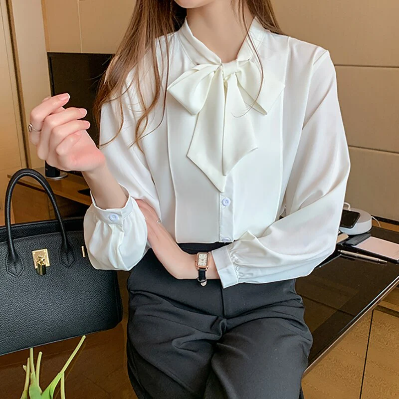 New Bow White Blouse Women 2022 Button Office Lady Long Sleeve Blue Chiffon Shirt Autumn Tops Woman Clothes Pocket Womens Shirts - Image 6