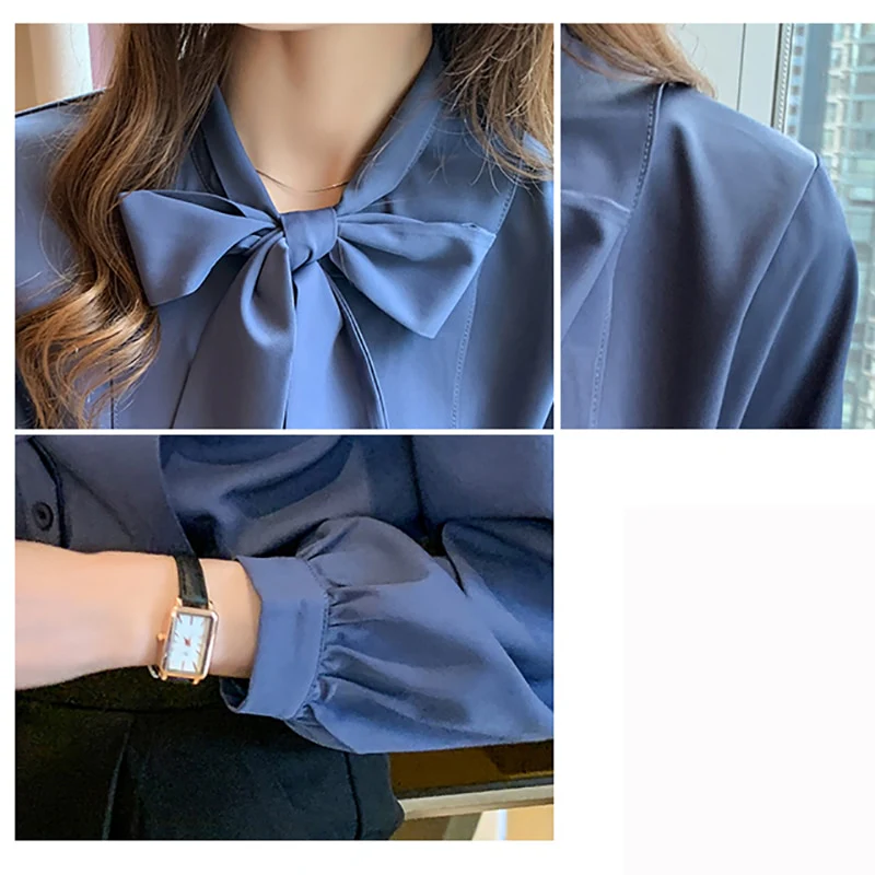 New Bow White Blouse Women 2022 Button Office Lady Long Sleeve Blue Chiffon Shirt Autumn Tops Woman Clothes Pocket Womens Shirts - Image 8