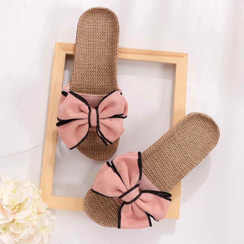 New Butterfly-Knot Home Slippers Summer Cool Eva Slippers Women Linen Belt Slides Female Sandals Flip Flops - Image 2