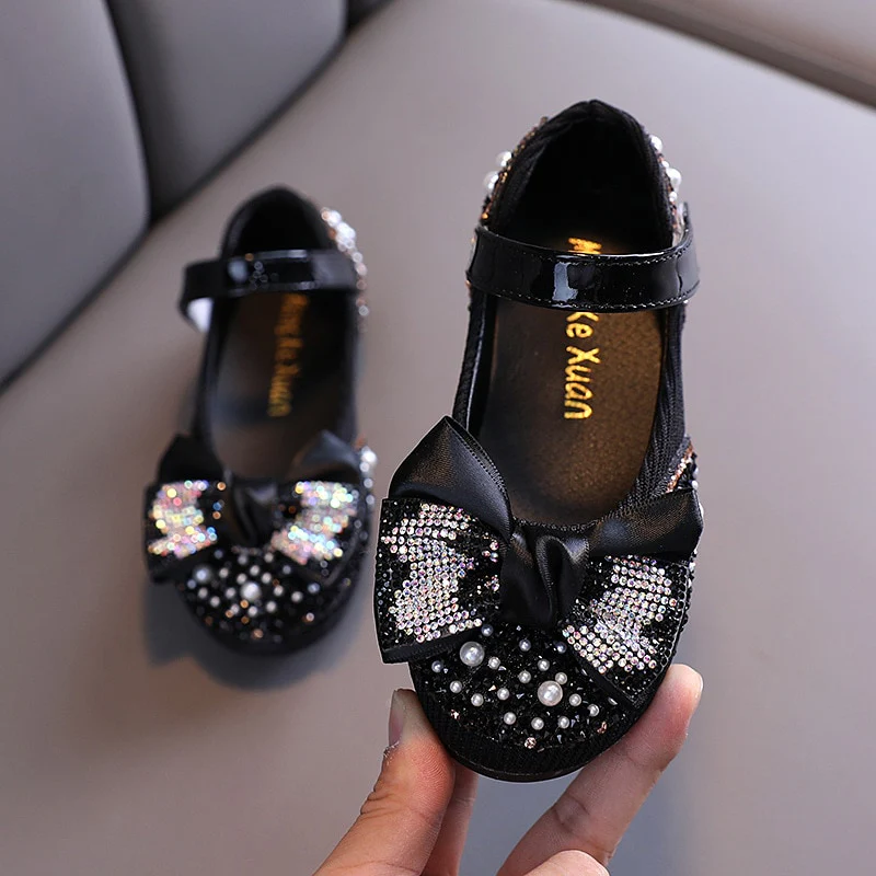 New Children Leather Shoes Rhinestone Bow Princess Girls Party Dance Shoes - Image 2