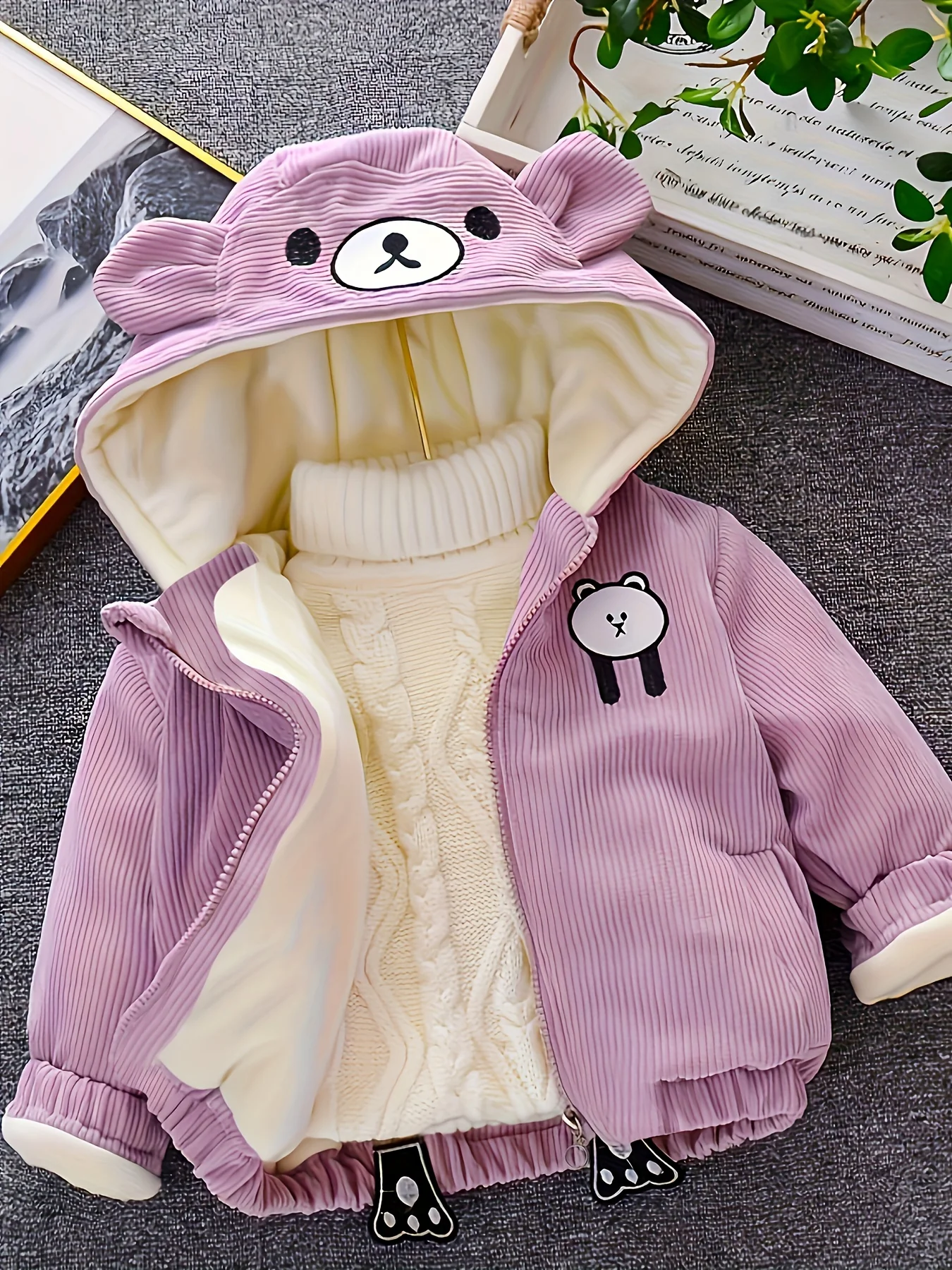 New Children's Warm Winter Thick Coat Cute Bear Shape Baby Corduroy Hooded Zip UpJacket - Image 3