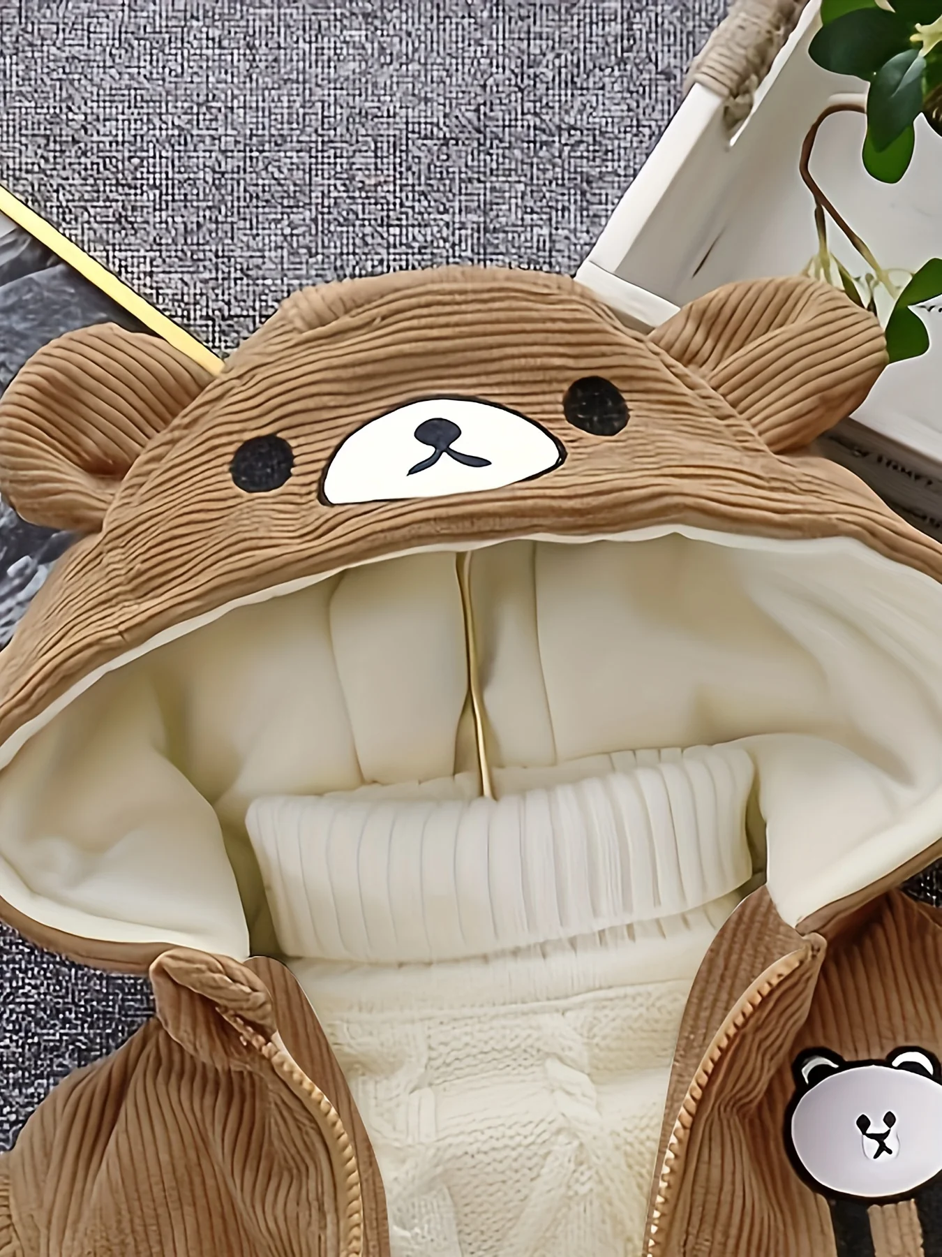 New Children's Warm Winter Thick Coat Cute Bear Shape Baby Corduroy Hooded Zip UpJacket - Image 9