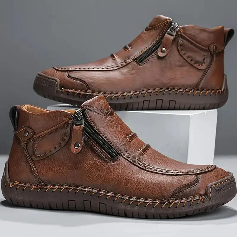 New Classic Handmade Leather Men's Shoes with Zipper Design Outdoor Sneakers Casual Flat Shoes Men Work Shoes Ankle Boots - Image 10