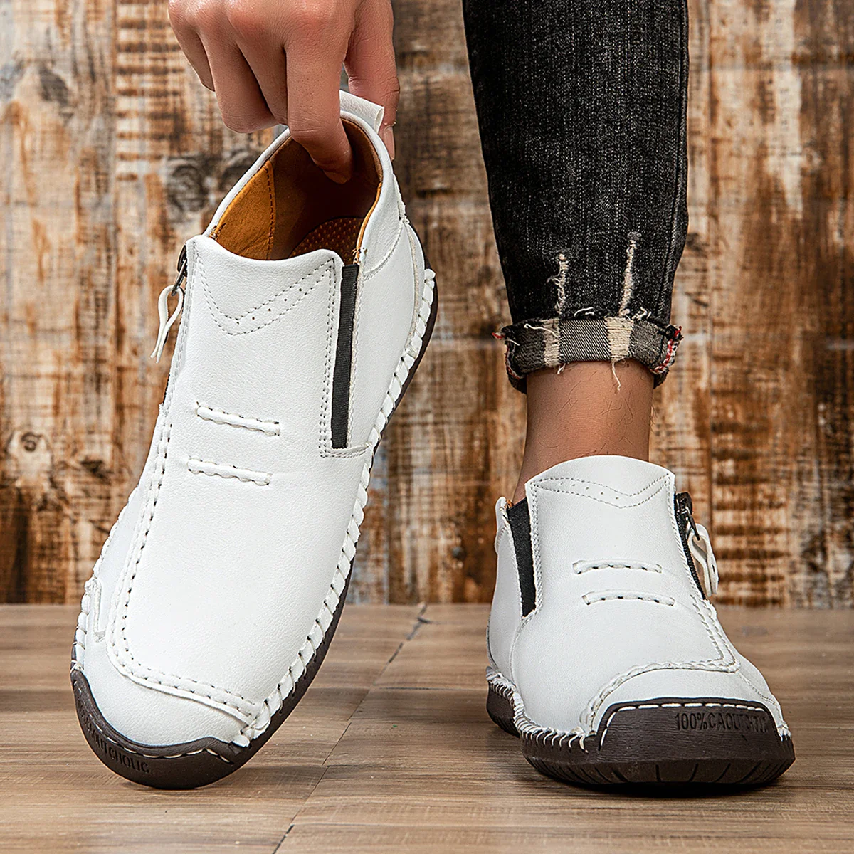 New Classic Handmade Leather Men's Shoes with Zipper Design Outdoor Sneakers Casual Flat Shoes Men Work Shoes Ankle Boots - Image 2