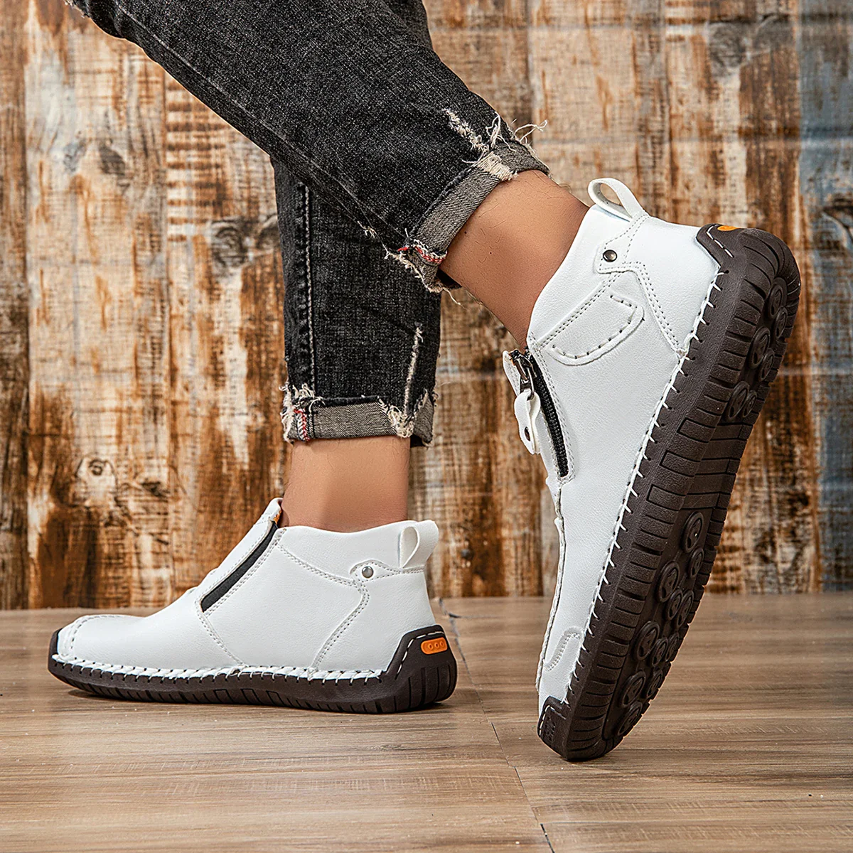 New Classic Handmade Leather Men's Shoes with Zipper Design Outdoor Sneakers Casual Flat Shoes Men Work Shoes Ankle Boots - Image 3