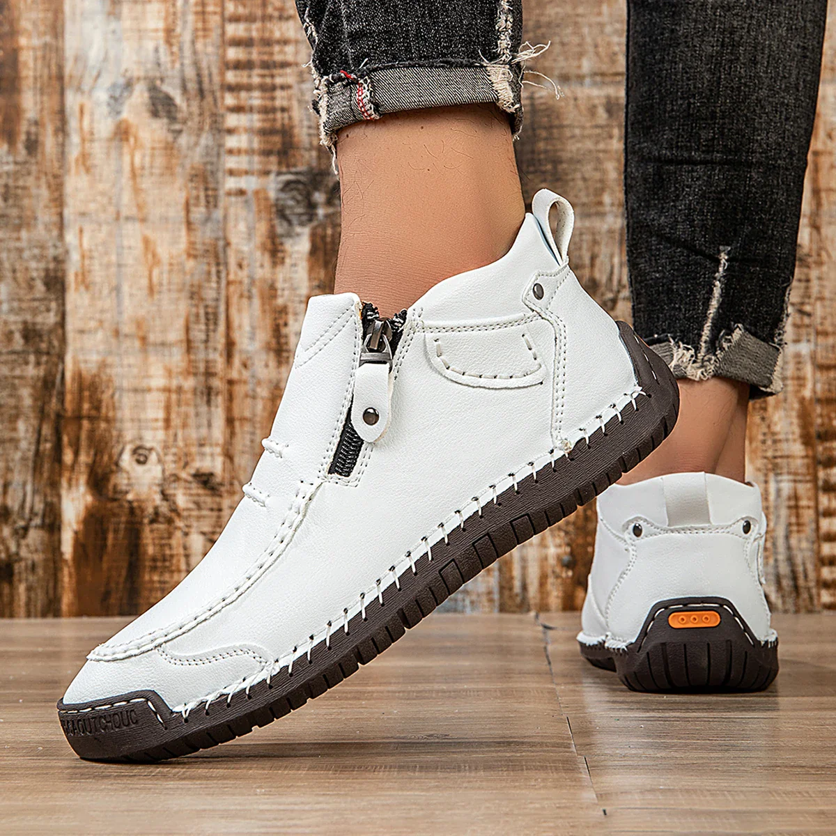 New Classic Handmade Leather Men's Shoes with Zipper Design Outdoor Sneakers Casual Flat Shoes Men Work Shoes Ankle Boots - Image 4