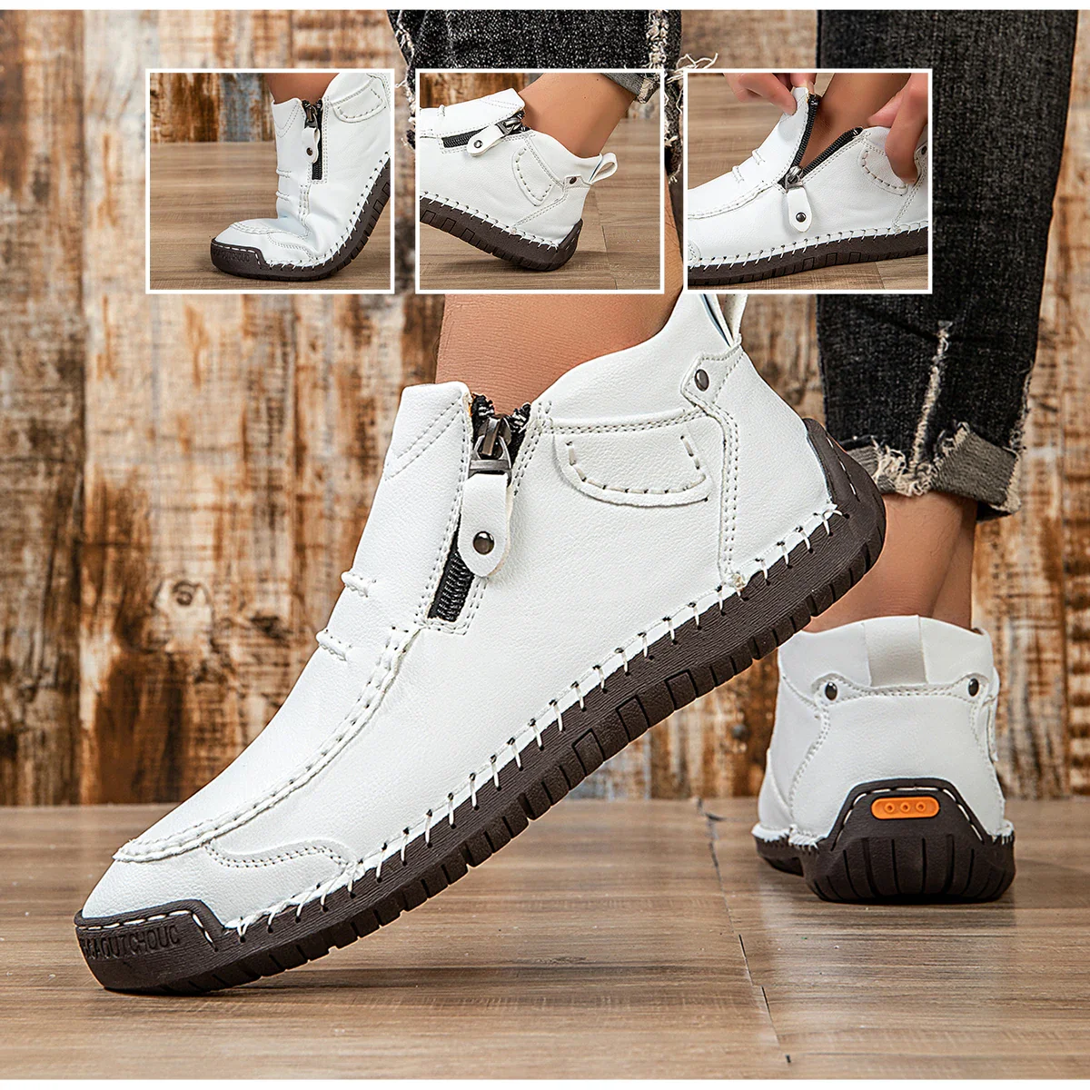 New Classic Handmade Leather Men's Shoes with Zipper Design Outdoor Sneakers Casual Flat Shoes Men Work Shoes Ankle Boots - Image 5