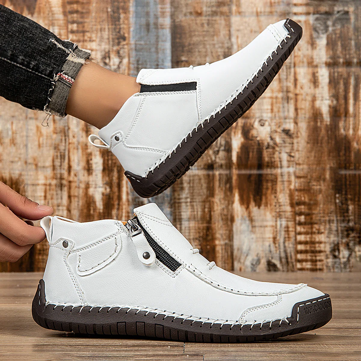 New Classic Handmade Leather Men's Shoes with Zipper Design Outdoor Sneakers Casual Flat Shoes Men Work Shoes Ankle Boots - Image 7