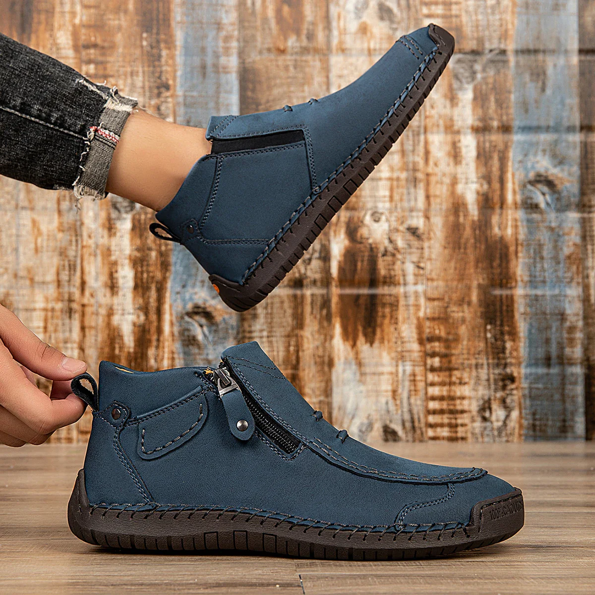 New Classic Handmade Leather Men's Shoes with Zipper Design Outdoor Sneakers Casual Flat Shoes Men Work Shoes Ankle Boots - Image 8