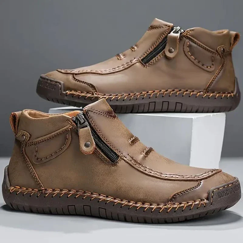 New Classic Handmade Leather Men's Shoes with Zipper Design Outdoor Sneakers Casual Flat Shoes Men Work Shoes Ankle Boots - Image 9