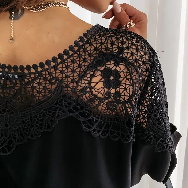 New Crochet Embroidery Lace Blouses Women Autumn Sexy Lace Stitching White Shirts Vintage Elegant Ladies Tops Blusas 12459 - Image 4