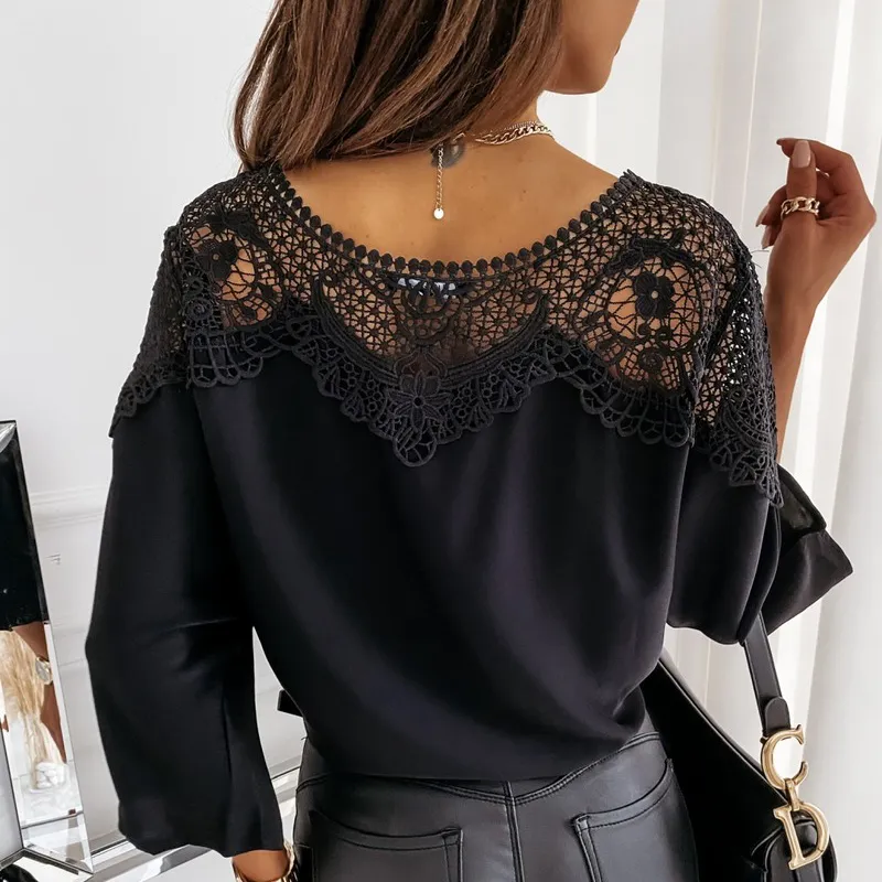 New Crochet Embroidery Lace Blouses Women Autumn Sexy Lace Stitching White Shirts Vintage Elegant Ladies Tops Blusas 12459 - Image 5