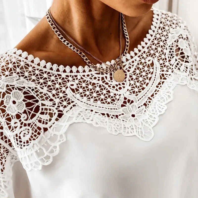 New Crochet Embroidery Lace Blouses Women Autumn Sexy Lace Stitching White Shirts Vintage Elegant Ladies Tops Blusas 12459 - Image 7