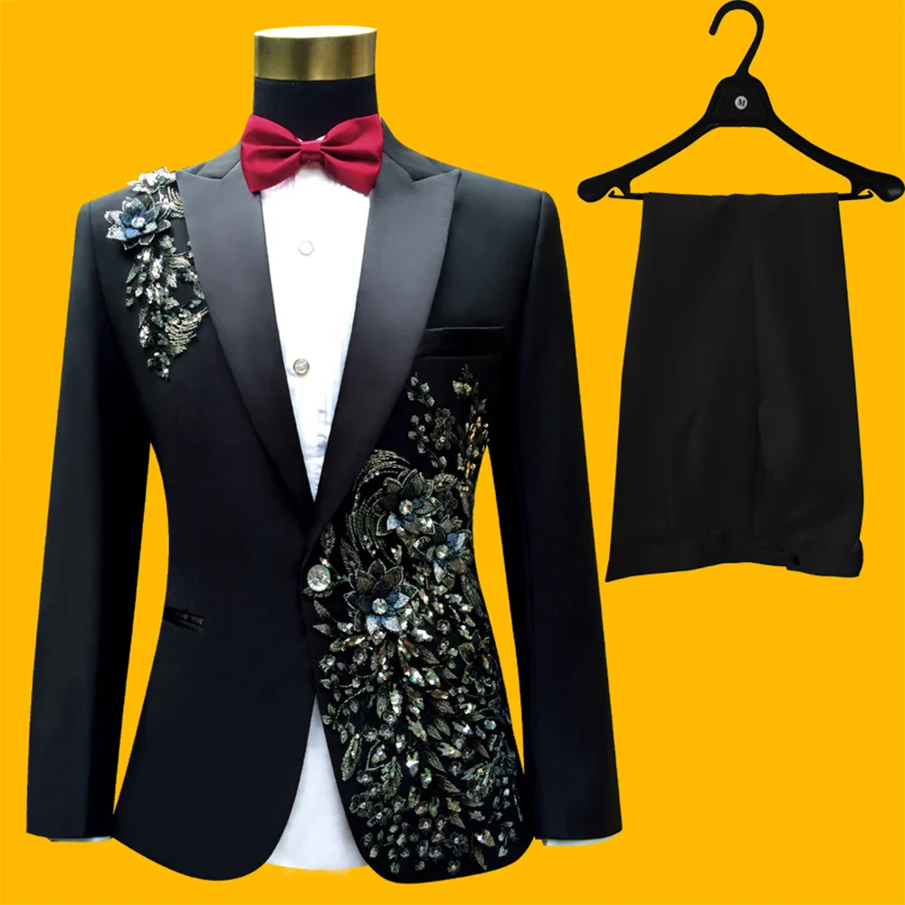 New Embroidered Tuxedos Men, Black Wedding Groom Suit, Male Singer Performance, Party Blazer, Prom Costume, Fashion Paillette - Image 20