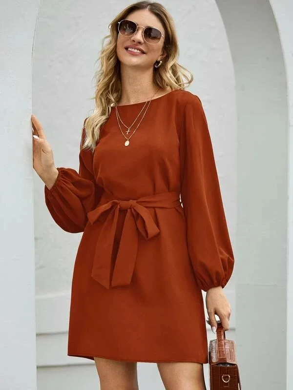 New European and American Women's Solid Color Temperament Commuting Slim Slim Pullover High Waist Dress - Image 12