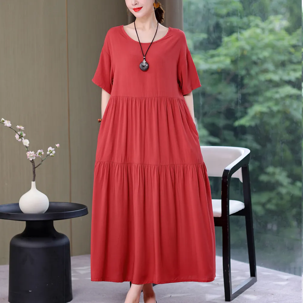 New Fashion 2023 Causal Summer Dresses For Women Loose Solid Long O-neck Dress Vintage Short Sleeve Womens Clothing - Image 10