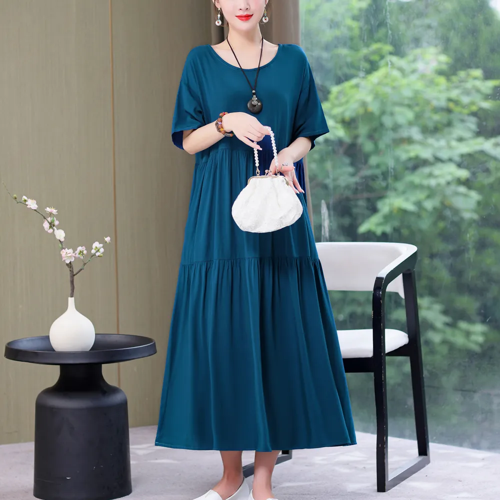 New Fashion 2023 Causal Summer Dresses For Women Loose Solid Long O-neck Dress Vintage Short Sleeve Womens Clothing - Image 11