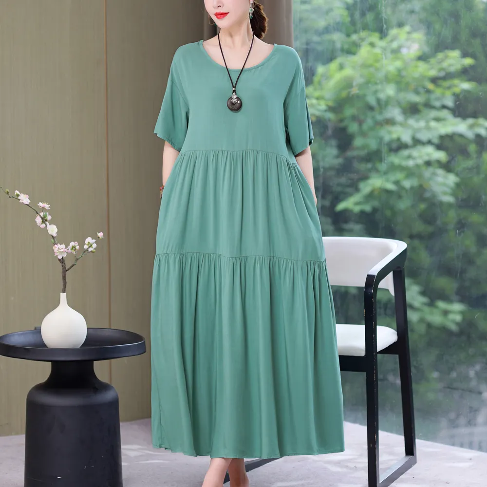 New Fashion 2023 Causal Summer Dresses For Women Loose Solid Long O-neck Dress Vintage Short Sleeve Womens Clothing - Image 12