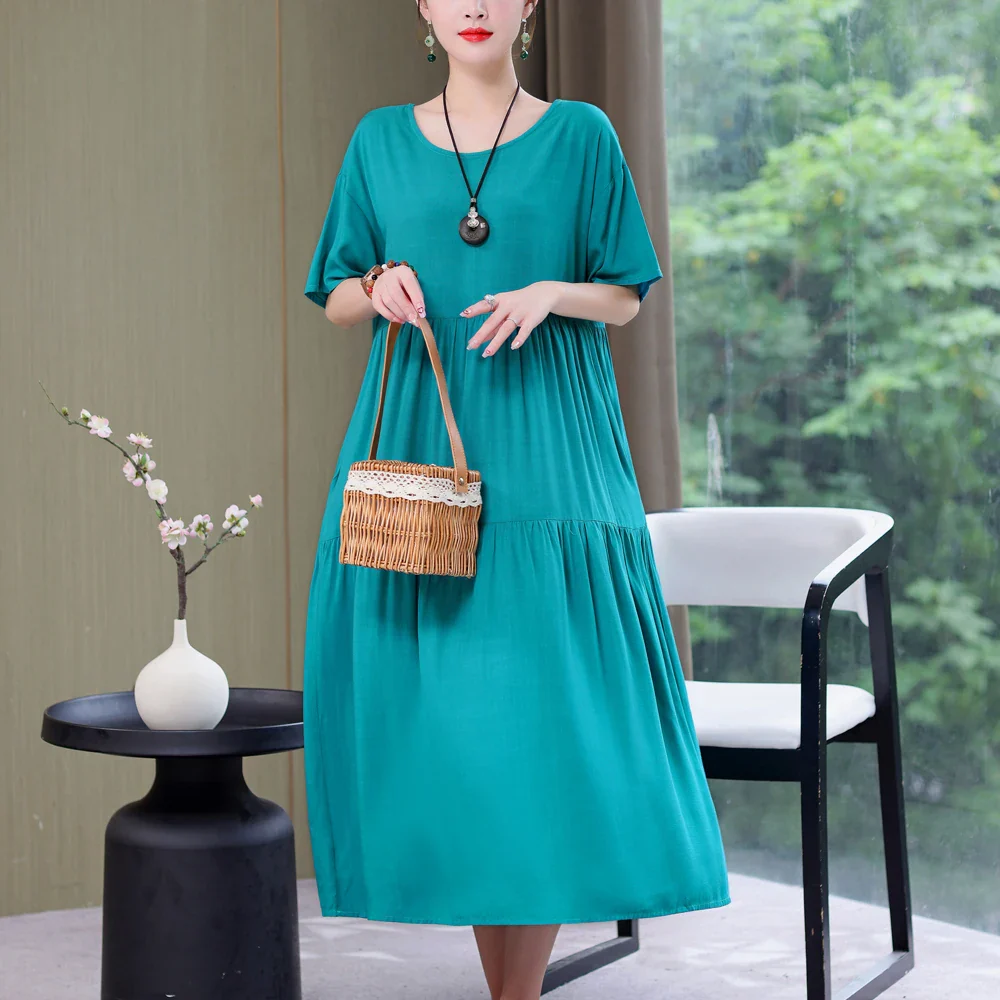 New Fashion 2023 Causal Summer Dresses For Women Loose Solid Long O-neck Dress Vintage Short Sleeve Womens Clothing - Image 13