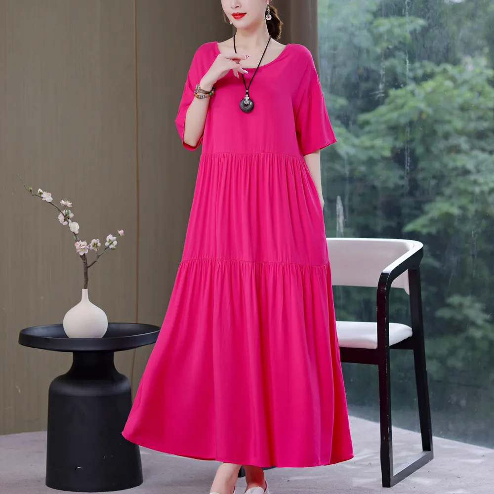 New Fashion 2023 Causal Summer Dresses For Women Loose Solid Long O-neck Dress Vintage Short Sleeve Womens Clothing - Image 14