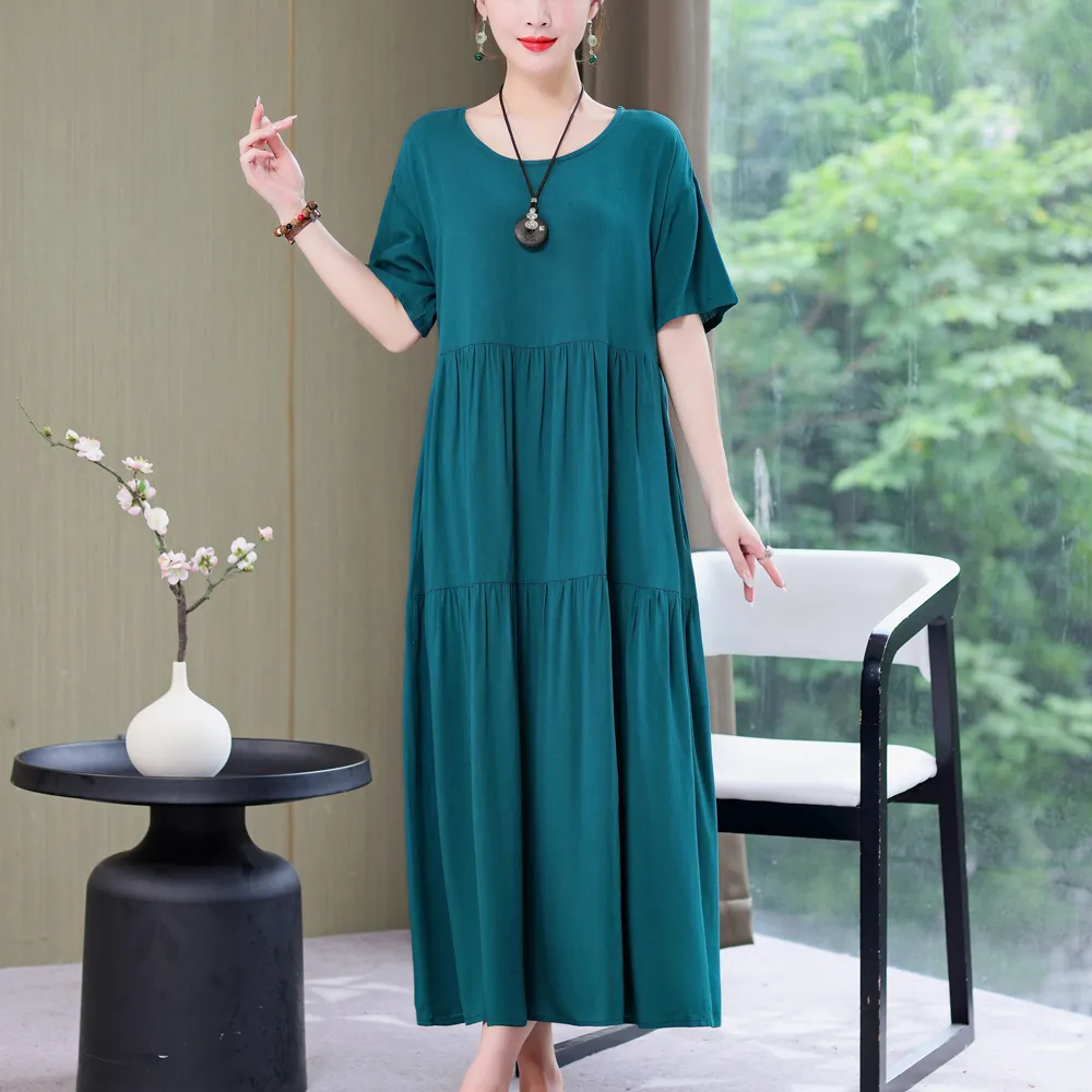 New Fashion 2023 Causal Summer Dresses For Women Loose Solid Long O-neck Dress Vintage Short Sleeve Womens Clothing - Image 15