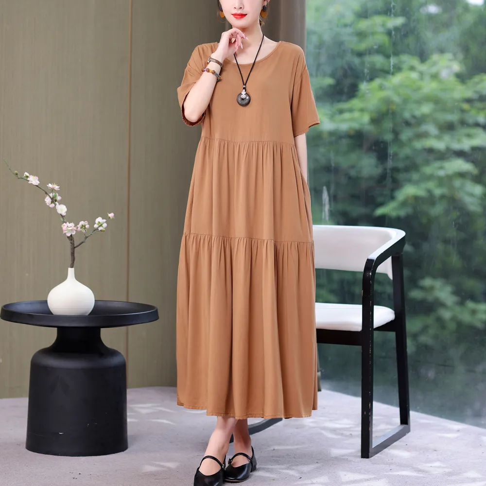 New Fashion 2023 Causal Summer Dresses For Women Loose Solid Long O-neck Dress Vintage Short Sleeve Womens Clothing - Image 16