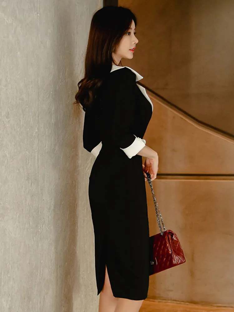 New Fashion Elegant Office Lady Women Dress Sexy Retro Casual Turn-Down Collar Black Formal Slim Midi Party Pencil Femme Vestido - Image 4