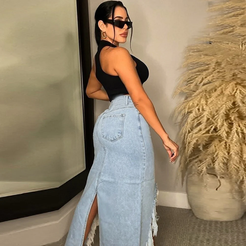 New Fashion Ladies Denim Skirts Women Sexy Club 2023 Summer Women's Jeans Split Skirts with Tassel - Image 3