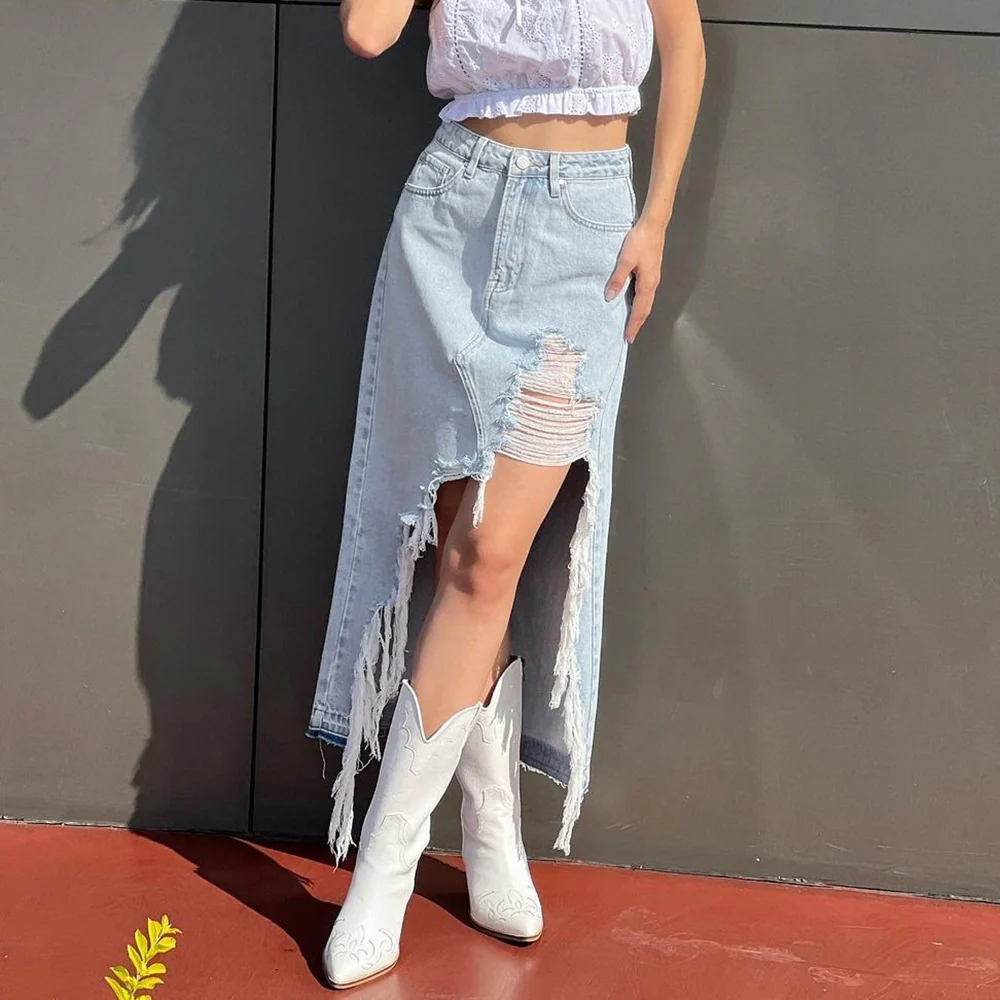 New Fashion Ladies Denim Skirts Women Sexy Club 2023 Summer Women's Jeans Split Skirts with Tassel - Image 4