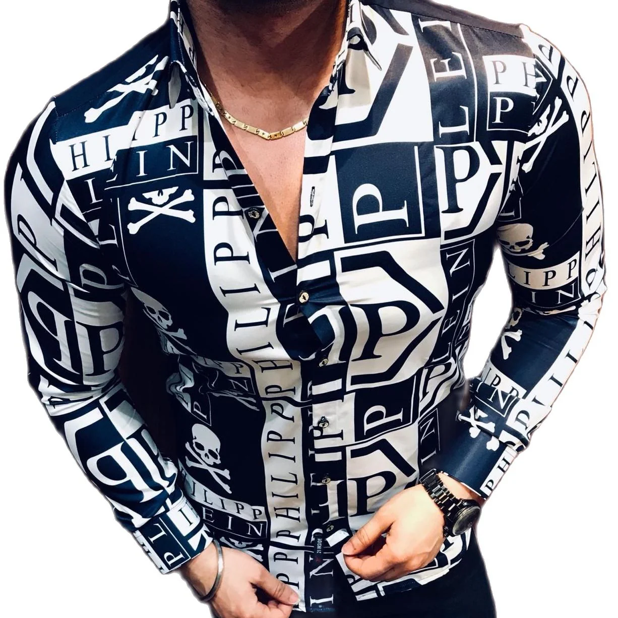 New Fashion luxury Men's Single Breasted Shirt Fall casual black rage print personality trend long sleeve top - Image 3