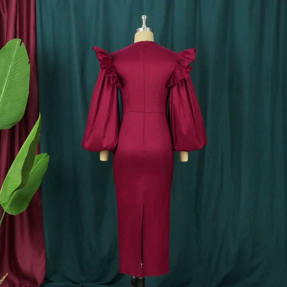 New Fashion plus Size High Waist Party Party Dress Wine Red Dress plus Size Party Dress - Image 3
