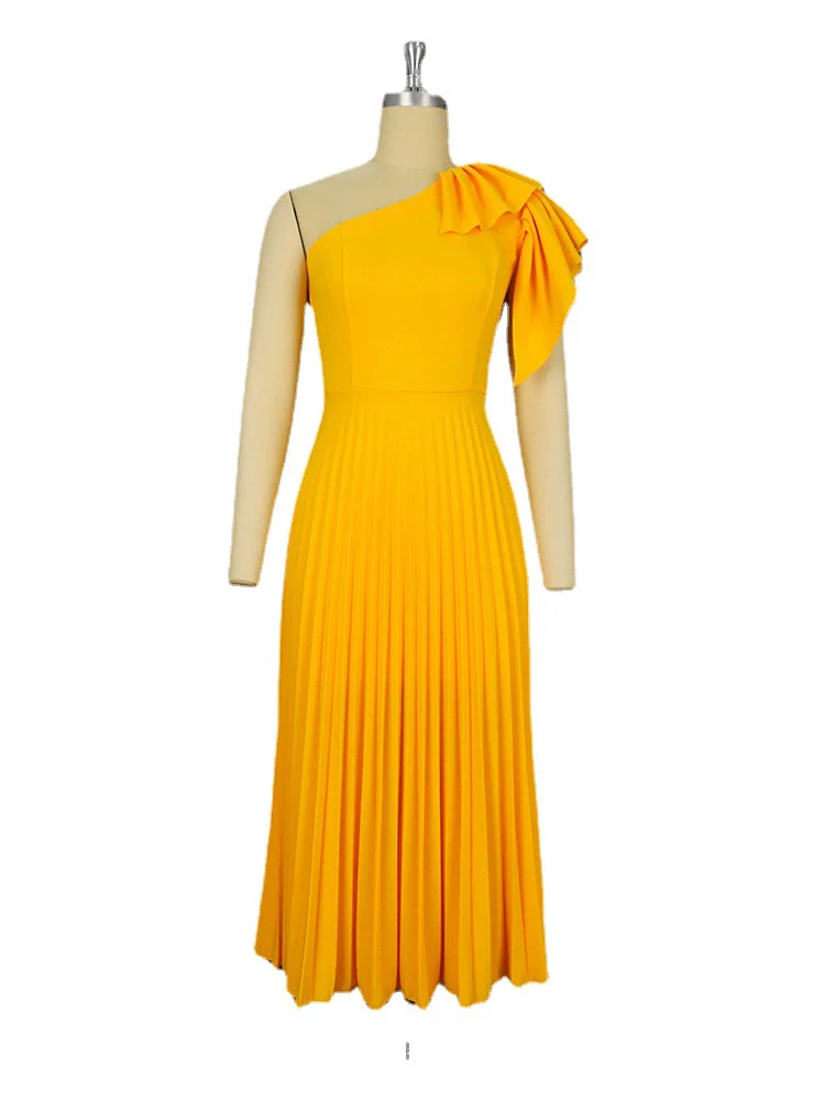 New Fashion plus Size Sexy Oblique Shoulder Pleated Dress plus Size Yellow Pleated Dress - Image 5