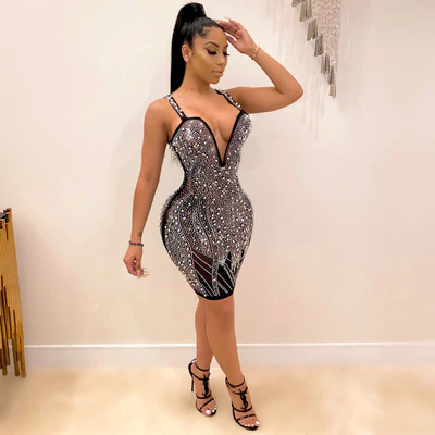 New Fashion Sexy Sling Hot Diamond Bubble Bead V-neck Women Nightclub Party Dress - Image 5