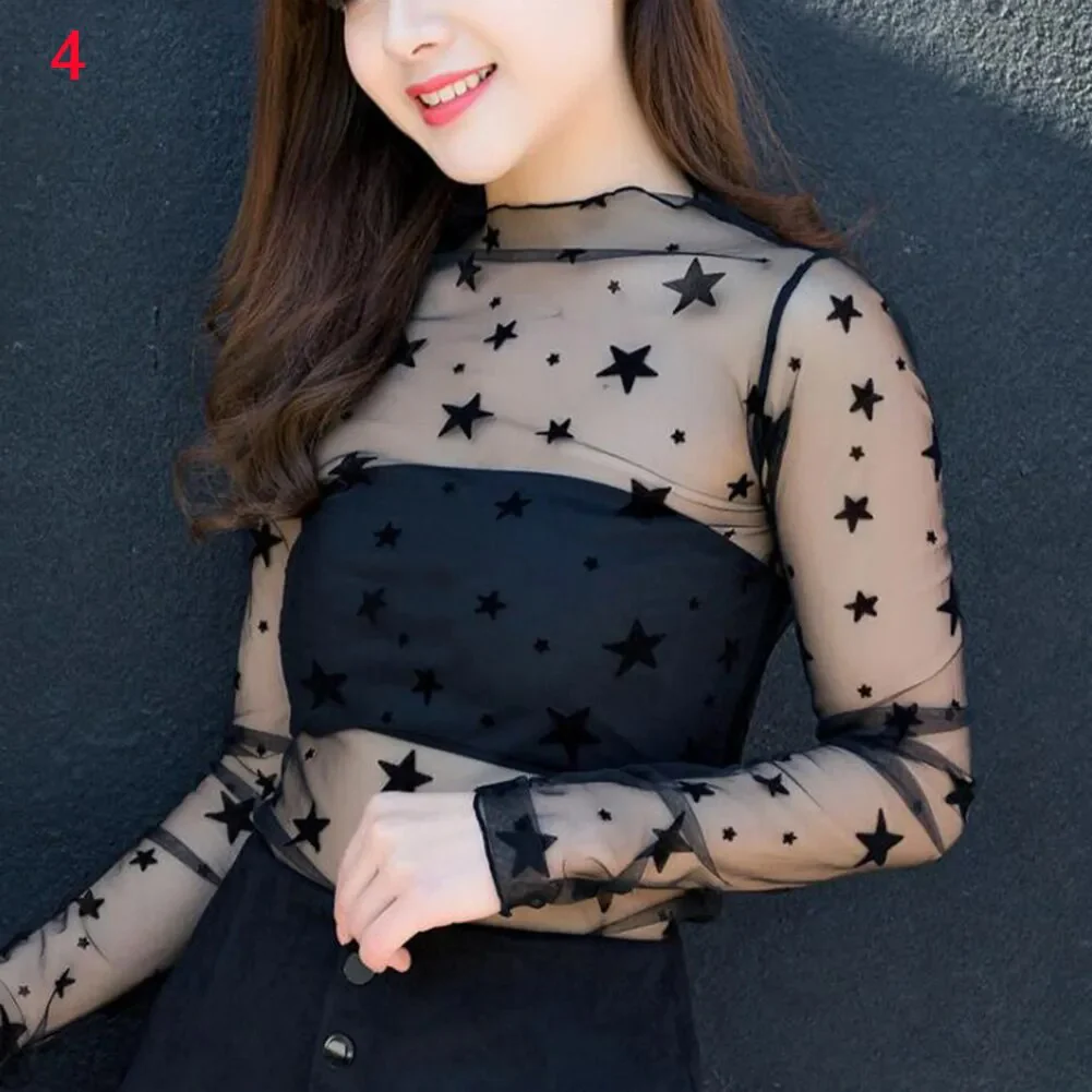 New Fashion Women Mesh Sheer T-Shirts Party Long Sleeve Blouses All-matched Popular T-Shirt Sexy Transparent Ladies Tops - Image 4