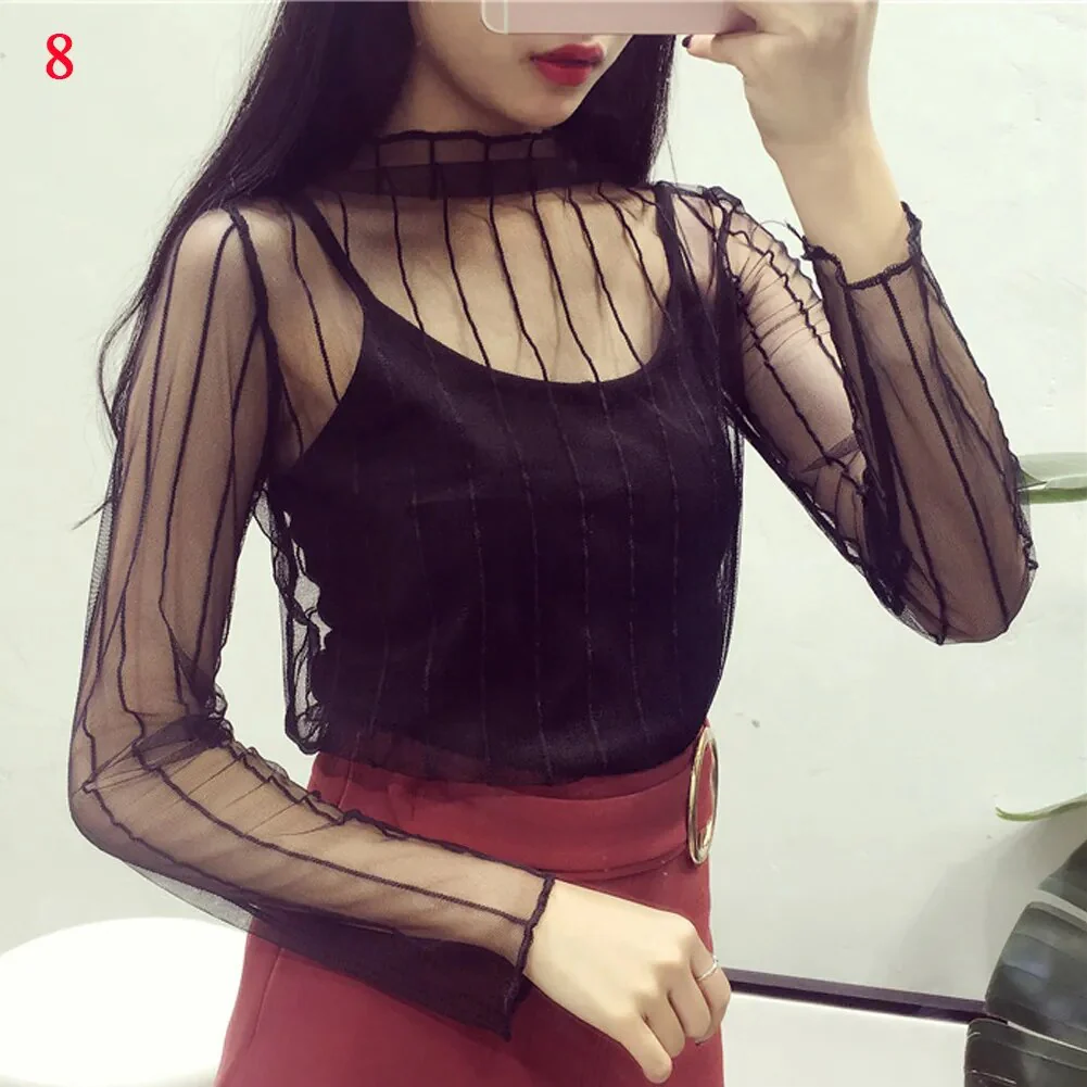 New Fashion Women Mesh Sheer T-Shirts Party Long Sleeve Blouses All-matched Popular T-Shirt Sexy Transparent Ladies Tops - Image 7