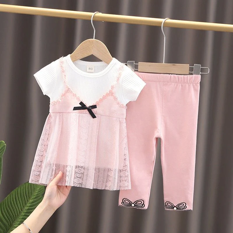 New Girls  Summer Clothing Sets Hollow Lace Suit Baby Casual Sleeveless T-shirt+Shorts Kids Clothing Sets Baby Clothes  Sets - Image 3