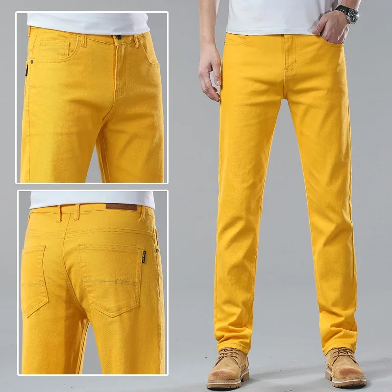 New High Quality Men's Trend Yellow Red White Jeans 2024 Spring Autumn Male High Waist Casual Pants Classic Brand Denim Trousers - Image 18